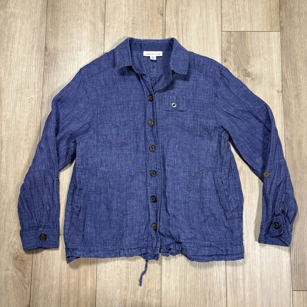 Coldwater Creek Blouse Petite Medium PM Blue Linen Button Up Roll 3/4 Sleeves